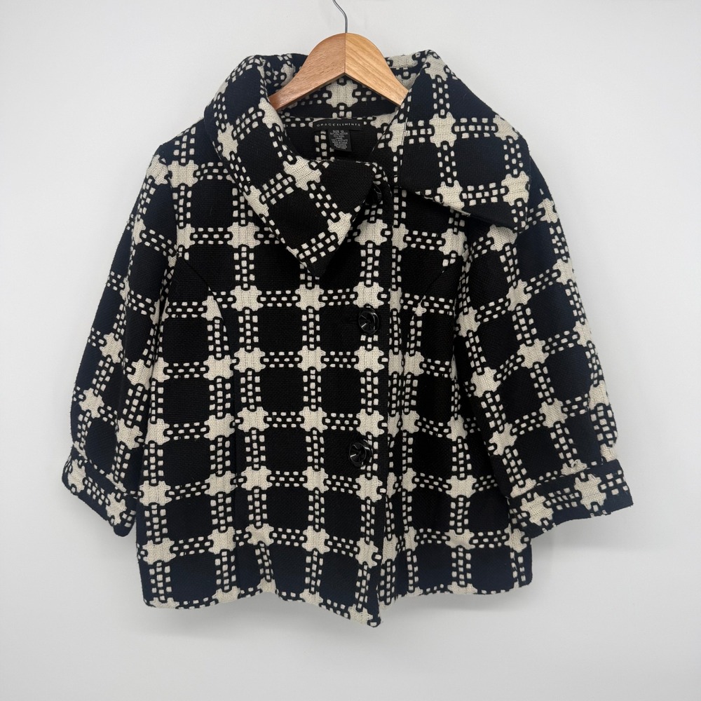 Grace Elements Black White Grid Geo Swing Jacket Portrait Collar Wool Blend 12
